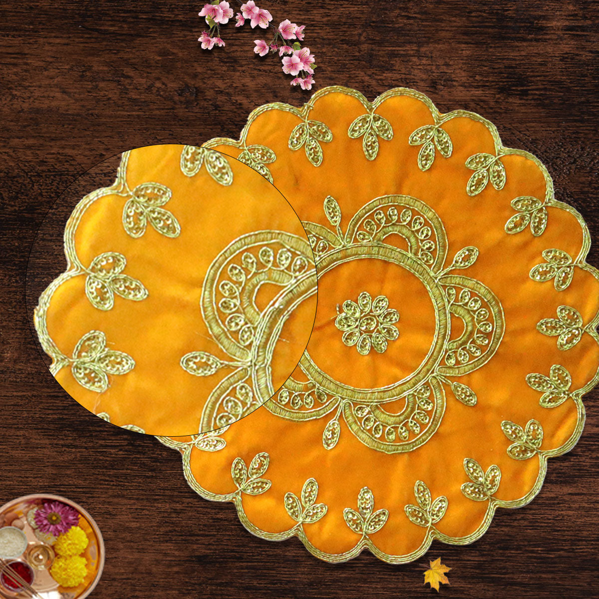 Yellow Velvet Round Designer Pooja Aasan