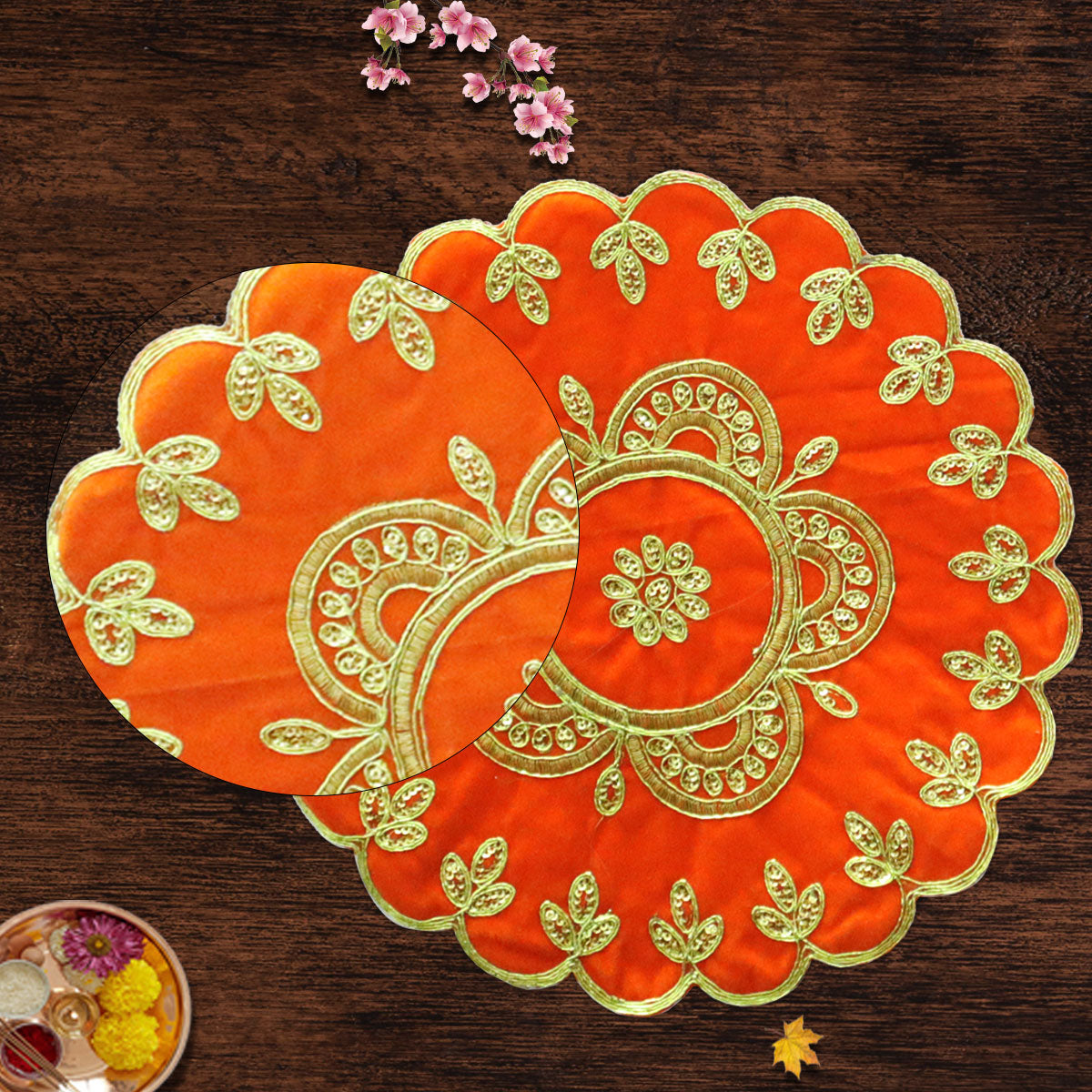 Orange Velvet Round Designer Pooja Aasan