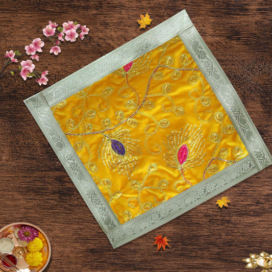 Yellow Square Designer Velvet Aasan For Placement Of Idols