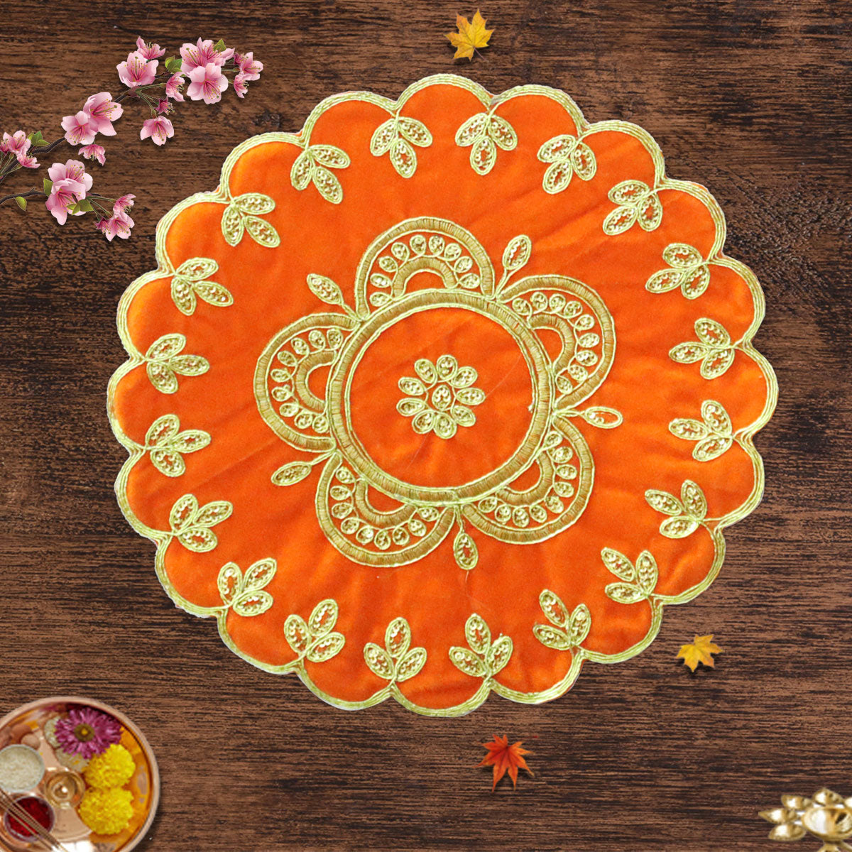 Orange Velvet Round Designer Pooja Aasan