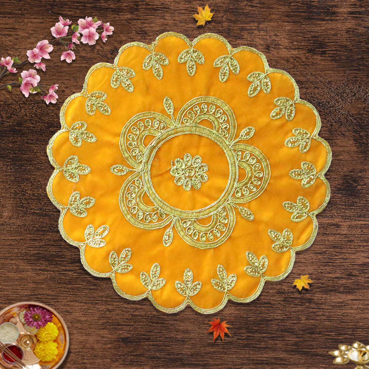 Yellow Velvet Round Designer Pooja Aasan