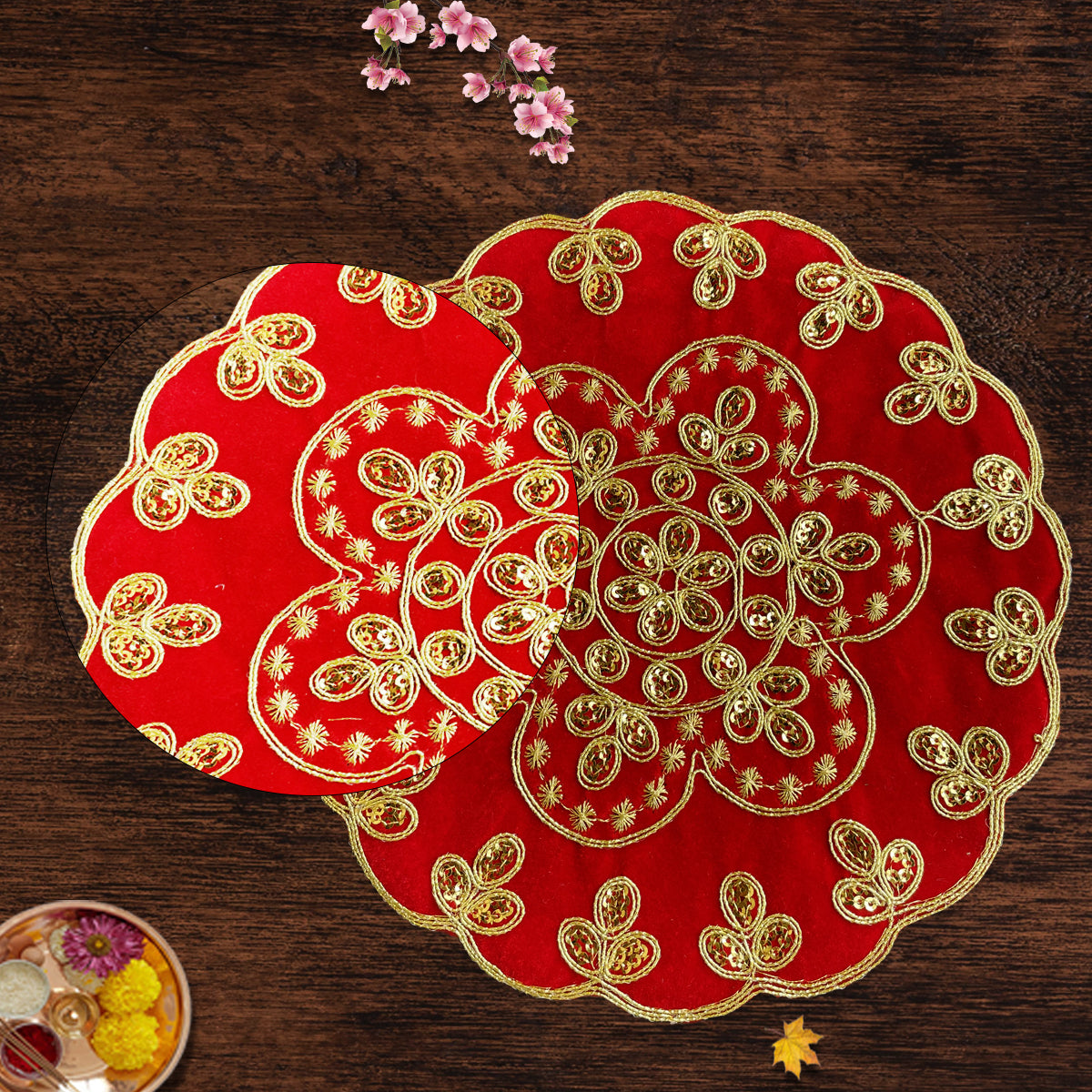 Beautiful Red Round Embroideary Aasan