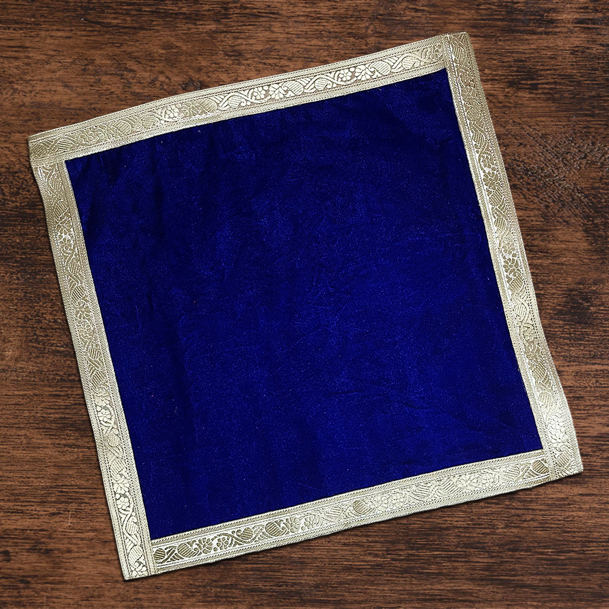 Blue Velvet Plain Pooja Aasan With Silver Lace for Chowki