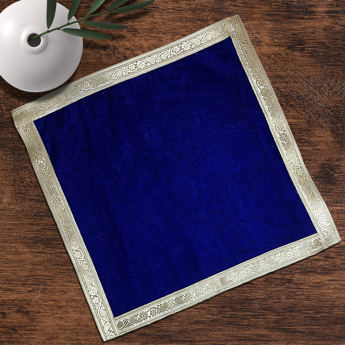 Blue Velvet Plain Pooja Aasan With Silver Lace for Chowki