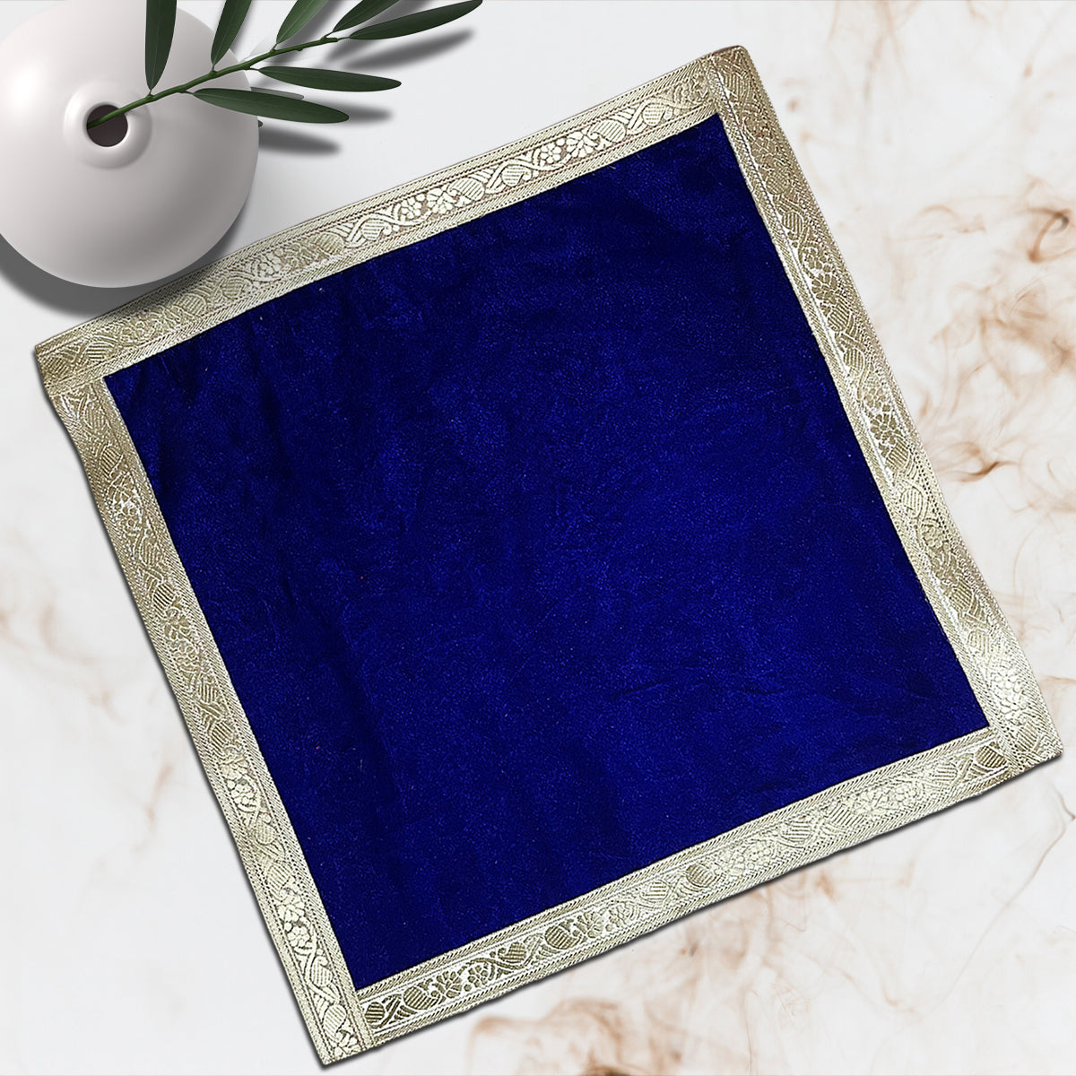 Blue Velvet Plain Pooja Aasan With Silver Lace for Chowki