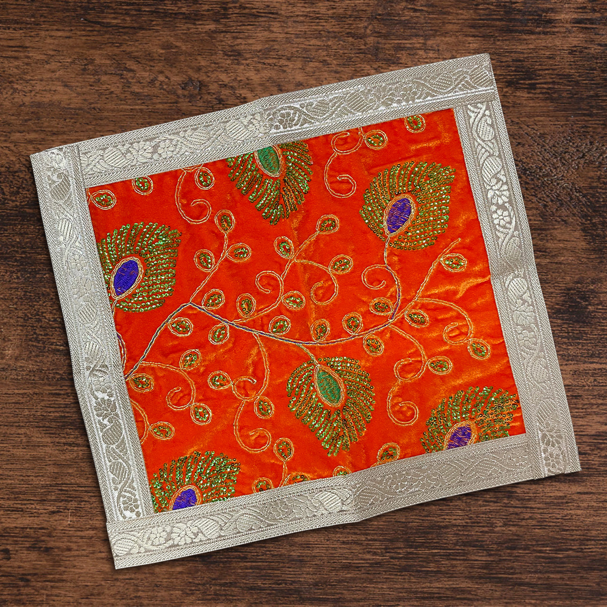 Orange Square Designer Velvet Aasan For Placement Of Idols