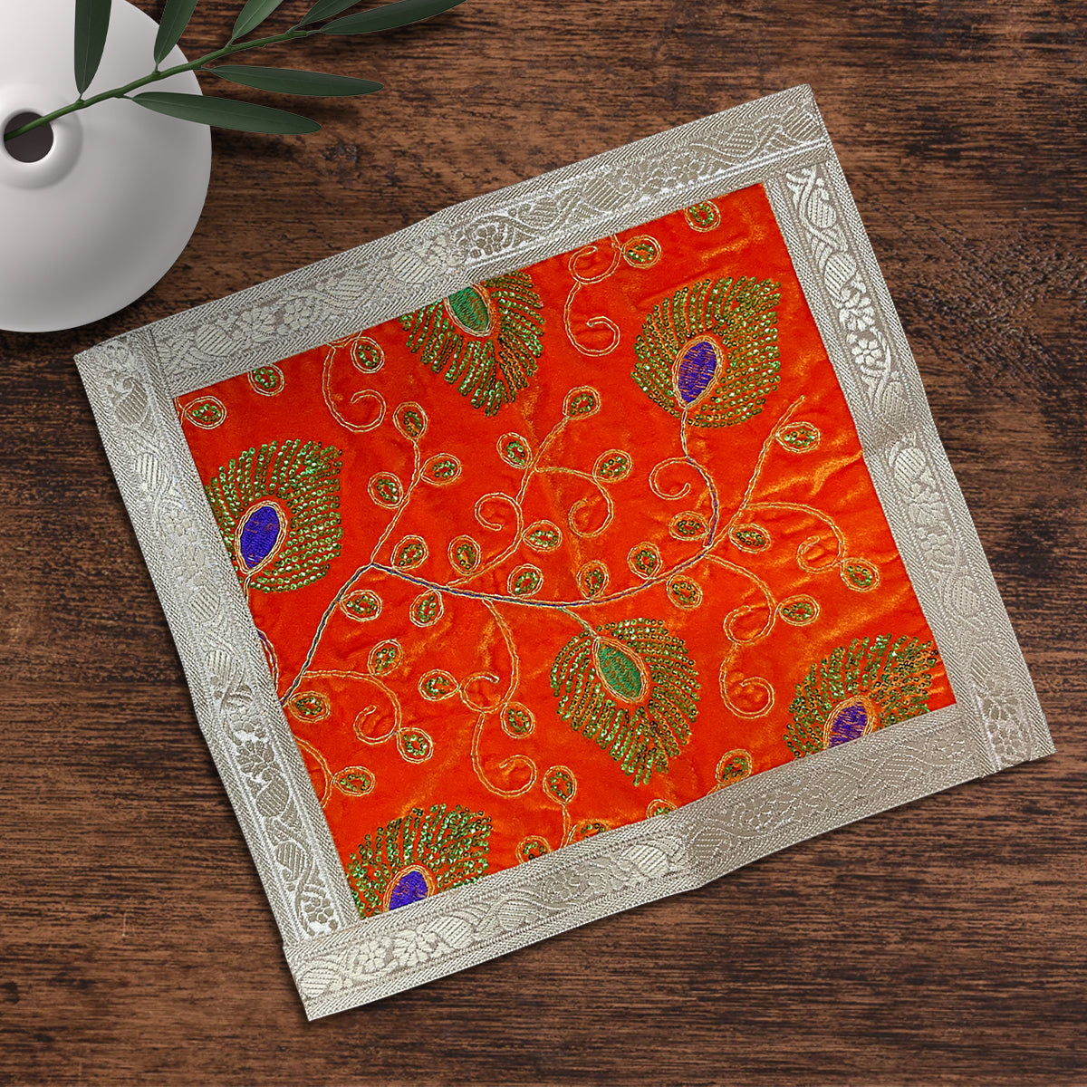 Orange Square Designer Velvet Aasan For Placement Of Idols