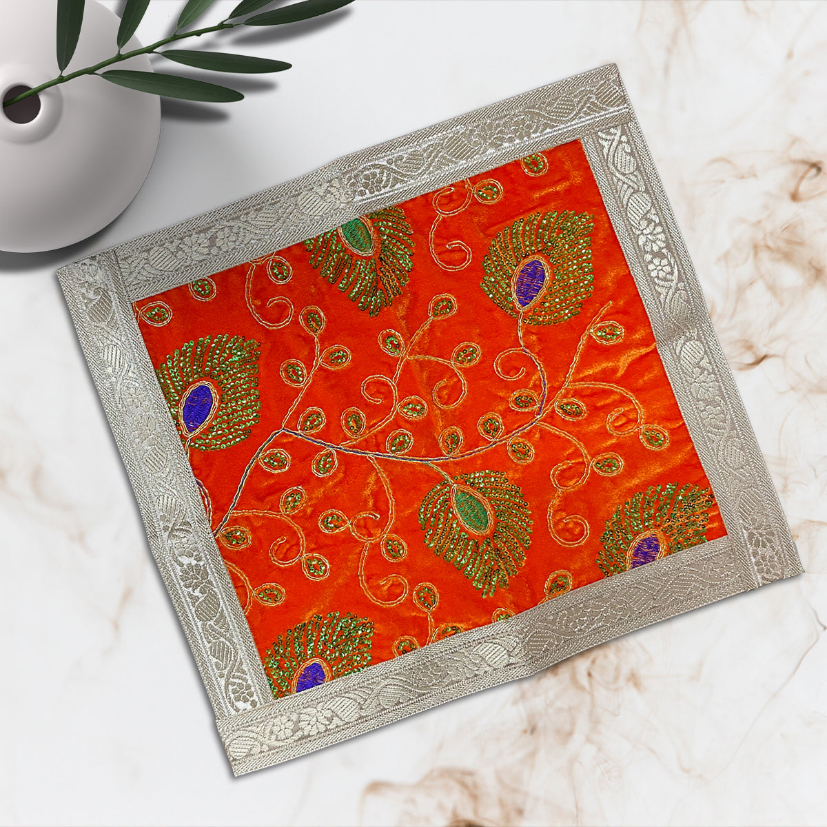 Orange Square Designer Velvet Aasan For Placement Of Idols