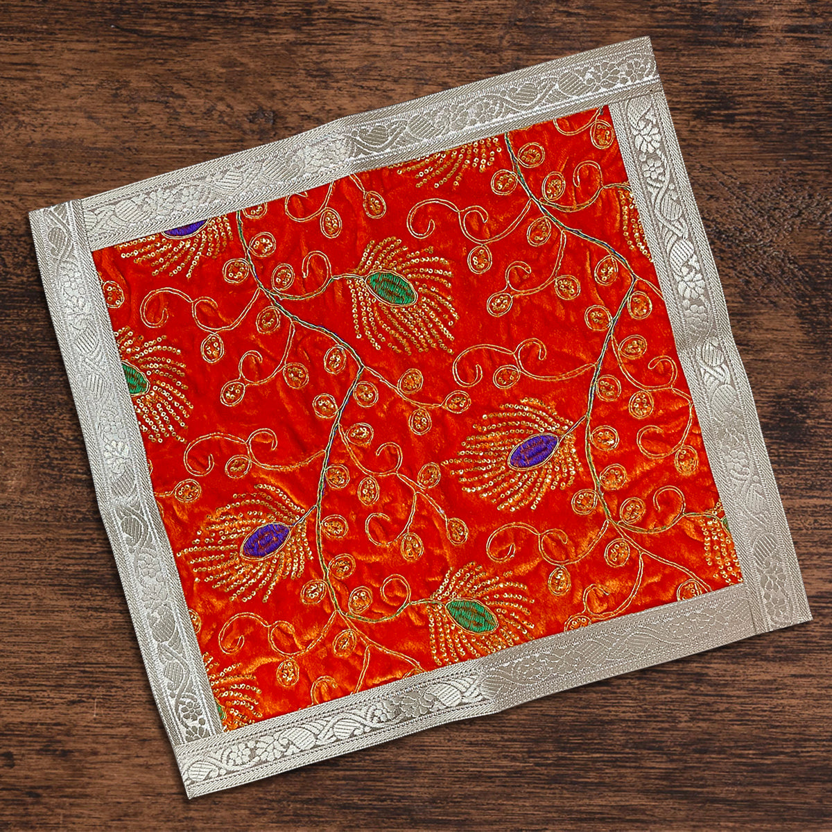 Orange Square Designer Velvet Aasan For Placement Of Idols