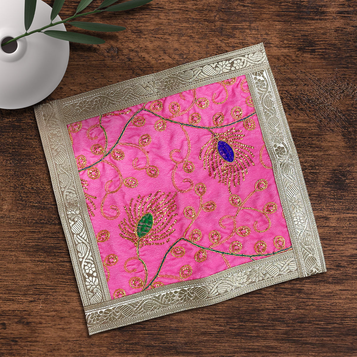 Pink Square Designer Velvet Aasan For Placement Of Idols 40 x 40 cm