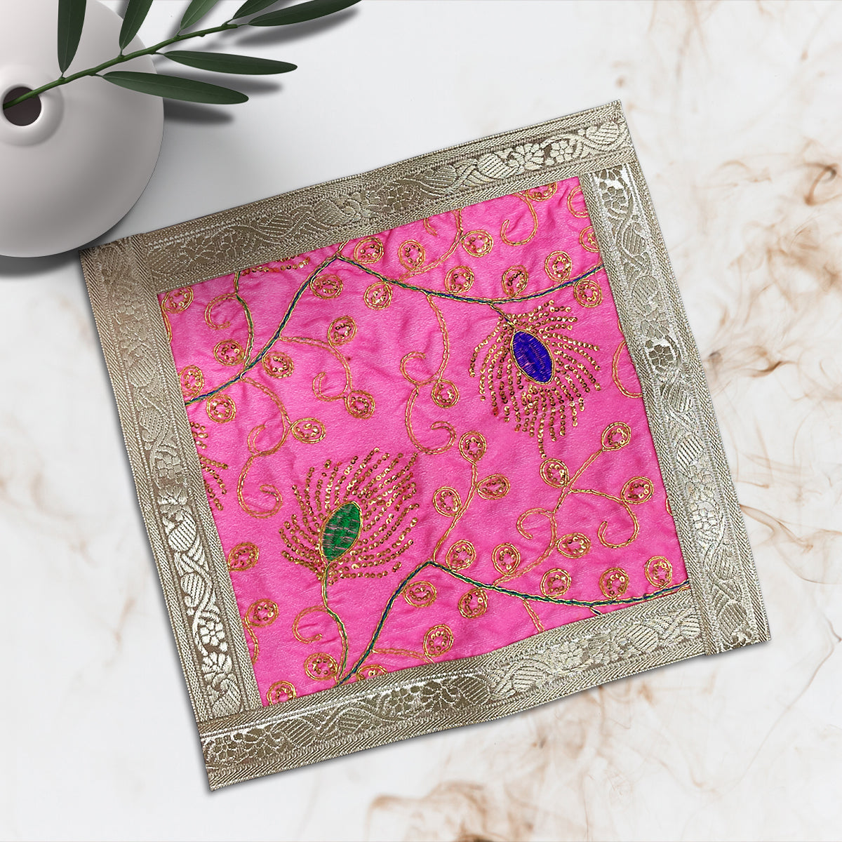 Pink Square Designer Velvet Aasan For Placement Of Idols 40 x 40 cm