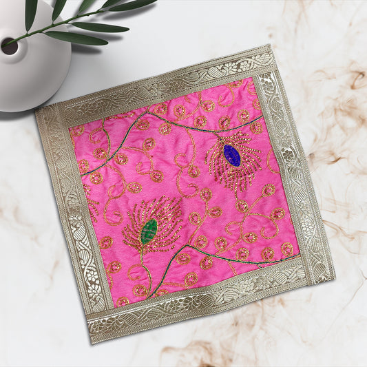 Pink Square Designer Velvet Aasan For Placement Of Idols 30 x 30 cm