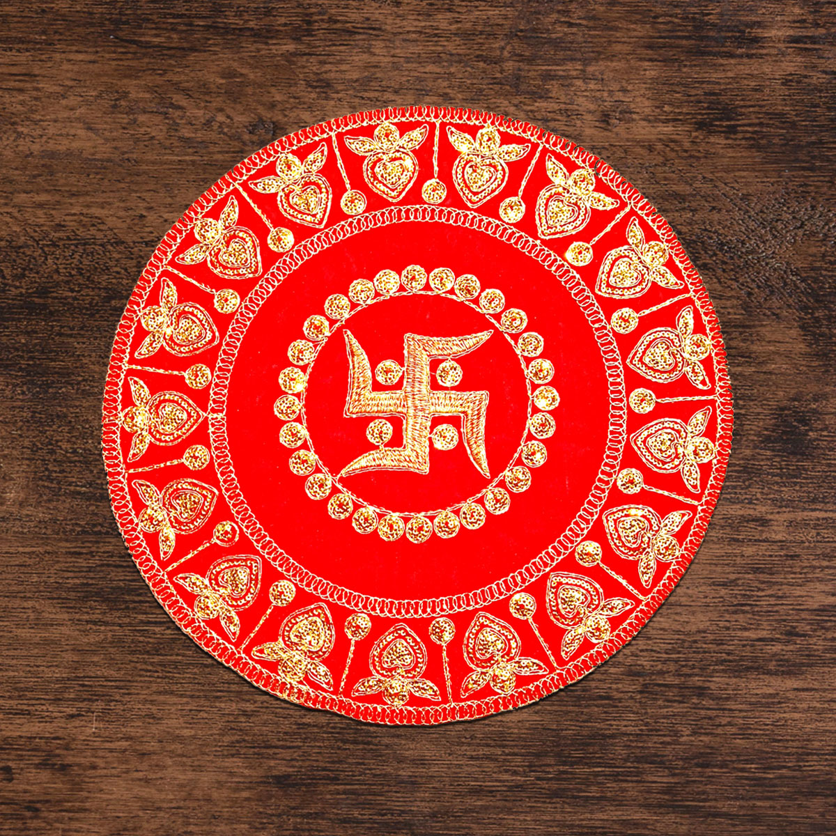 Red Swastik Kalash Round Designer Pooja Aasan