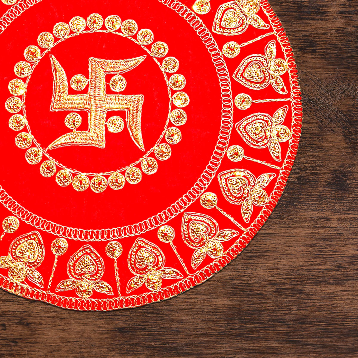 Red Swastik Kalash Round Designer Pooja Aasan