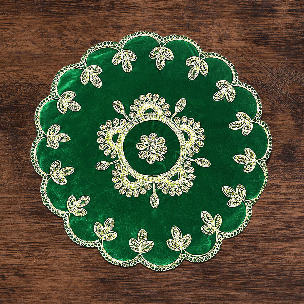 Designer Green Velvet Round Pooja Aasan 12"