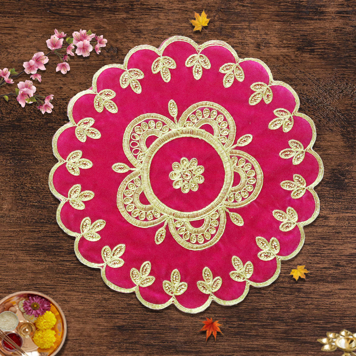 Designer Megenta Velvet Round Pooja Aasan 12"