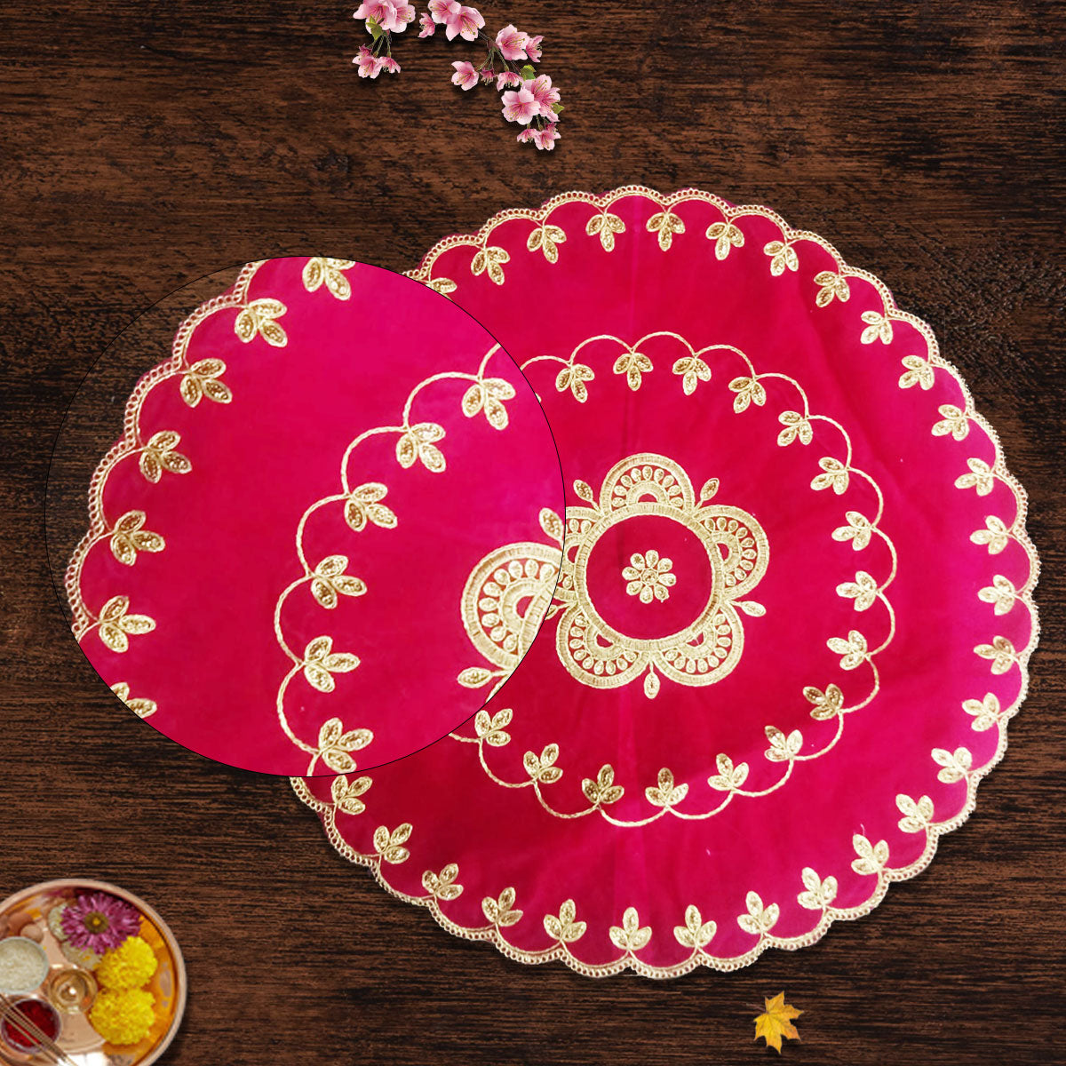 Designer Megenta Velvet Round Pooja Aasan 24"