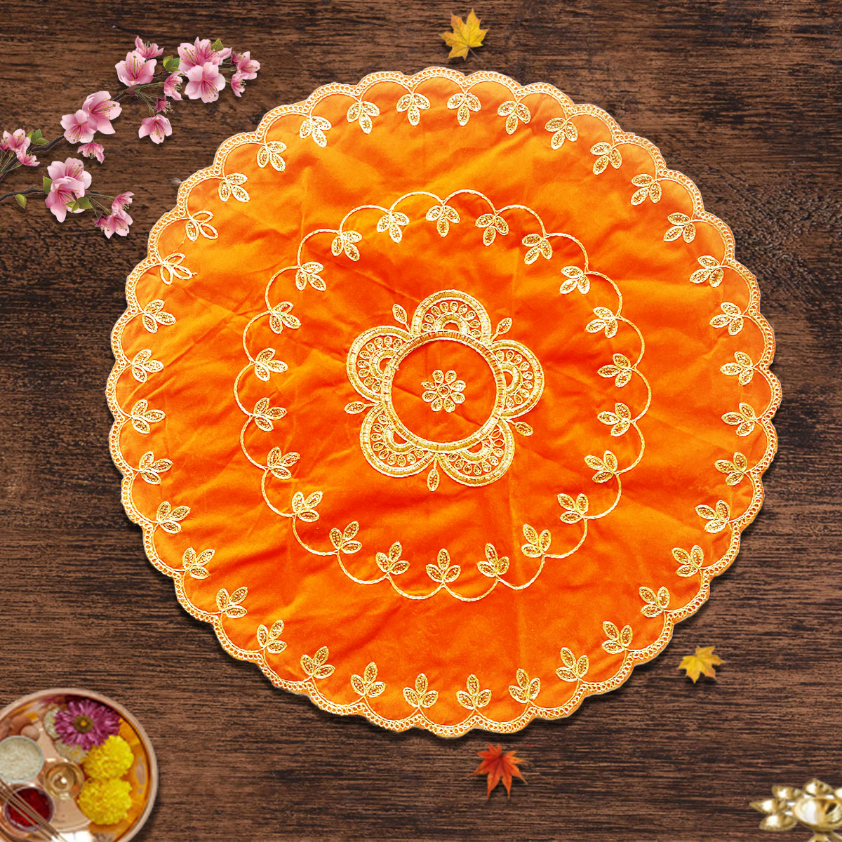 Designer Orange Velvet Round Pooja Aasan 24"