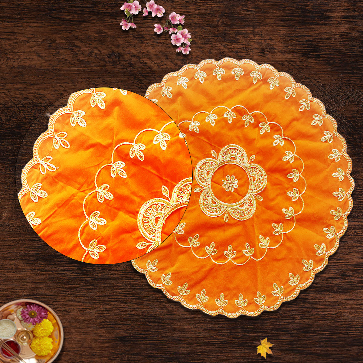 Designer Orange Velvet Round Pooja Aasan 24"