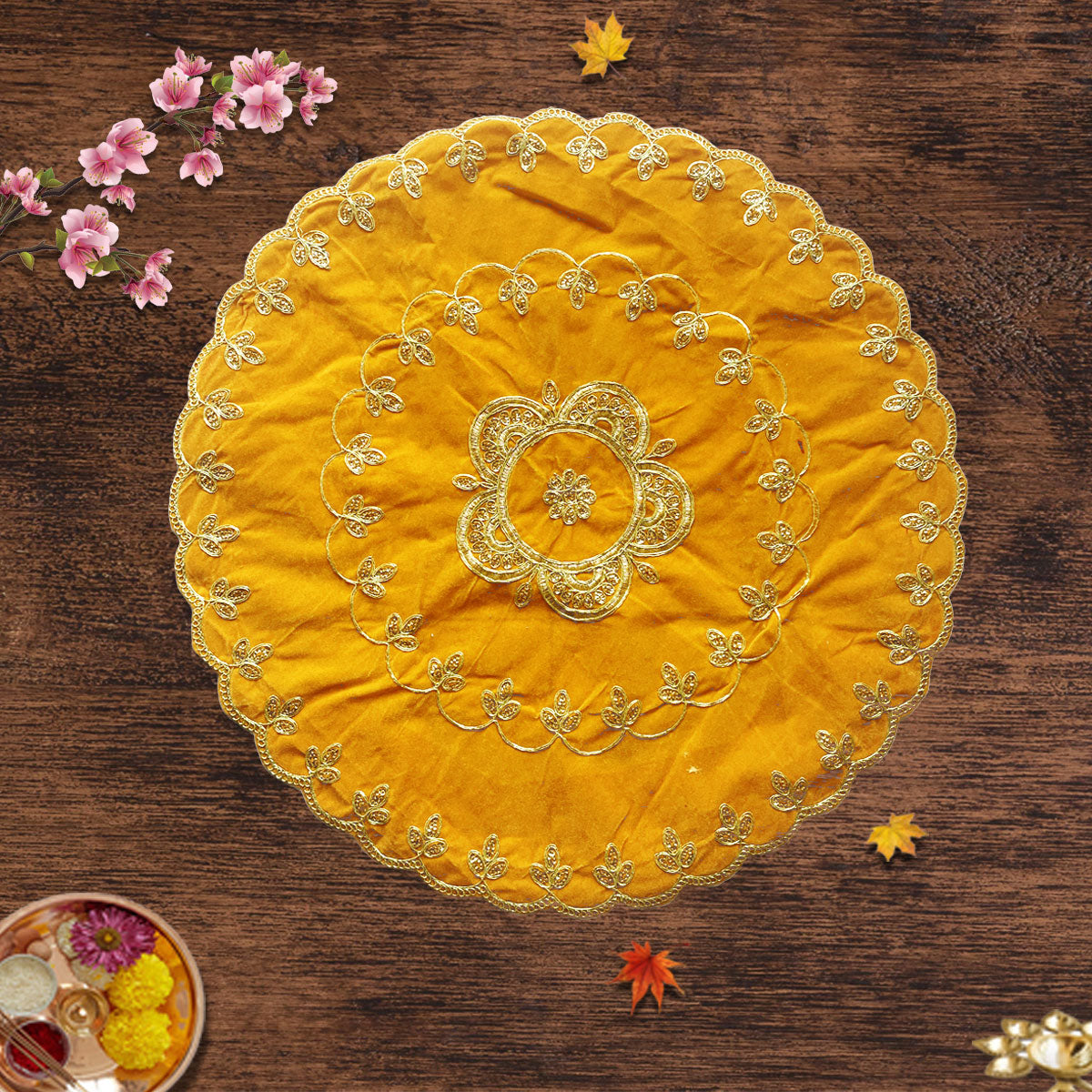 Designer Yellow Velvet Round Pooja Aasan 24"