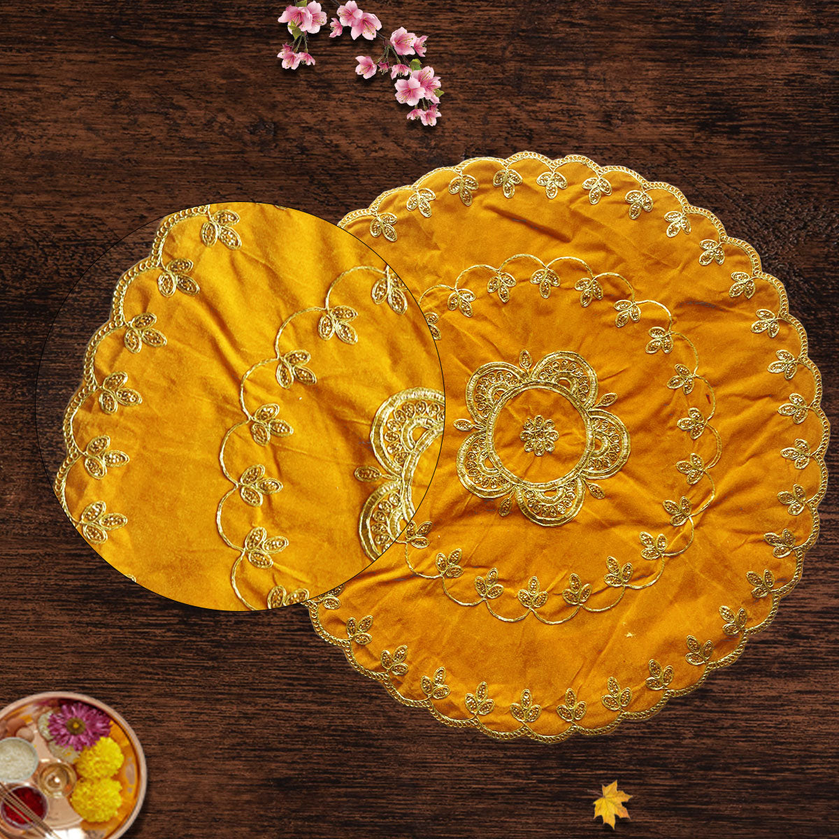 Designer Yellow Velvet Round Pooja Aasan 24"