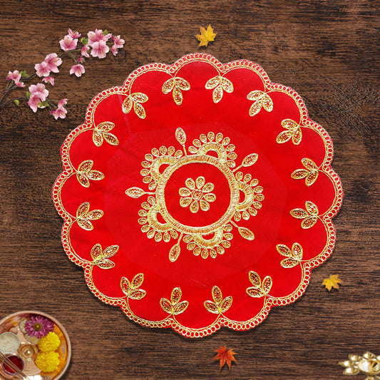 Designer Red Velvet Round Pooja Aasan 12"