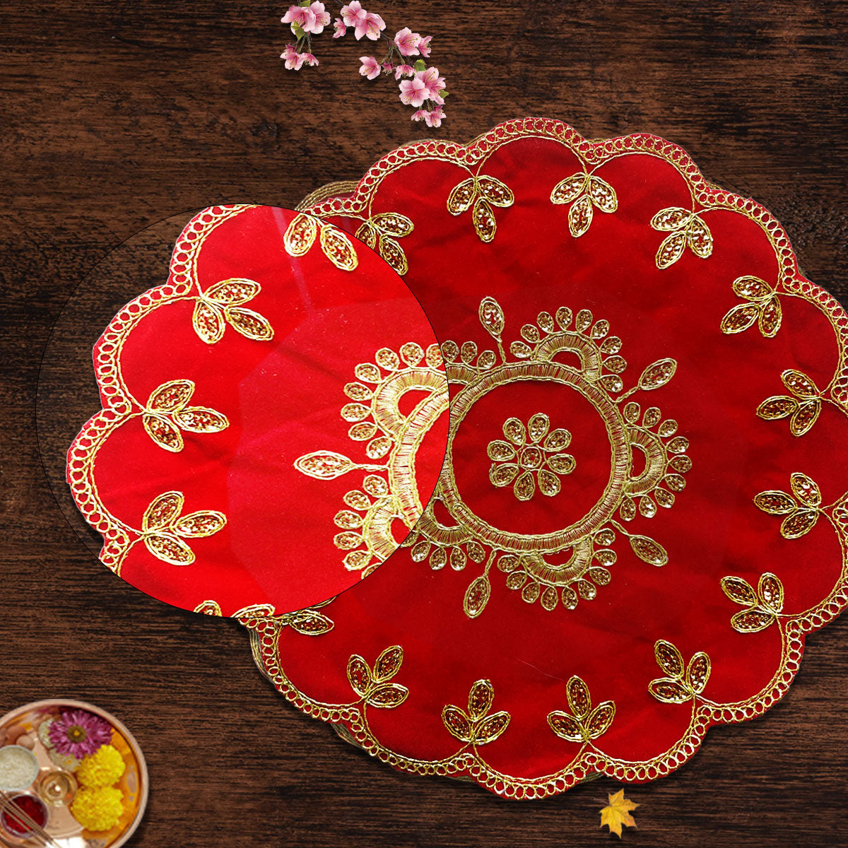 Designer Red Velvet Round Pooja Aasan 12"