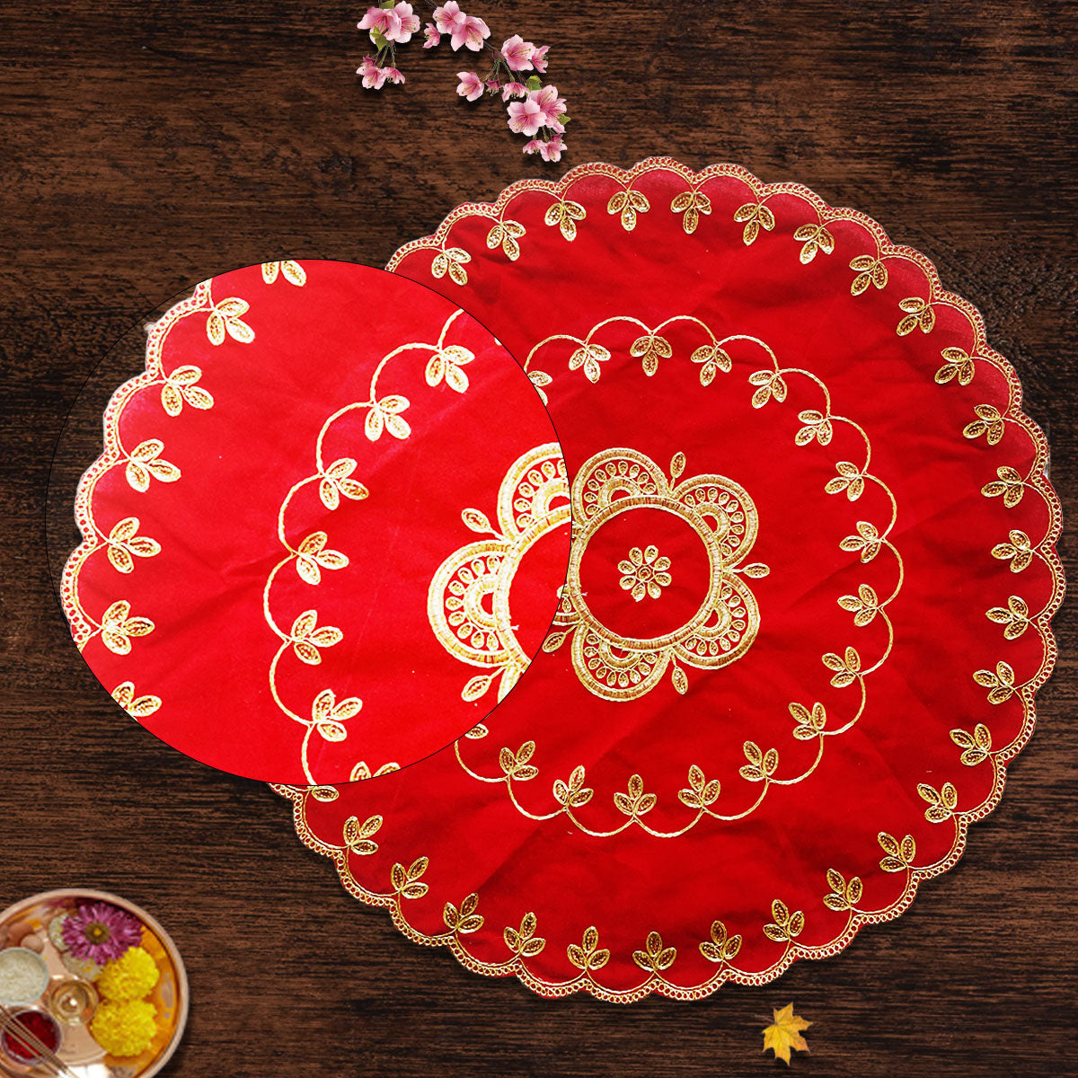 Designer Red Velvet Round Pooja Aasan 24"