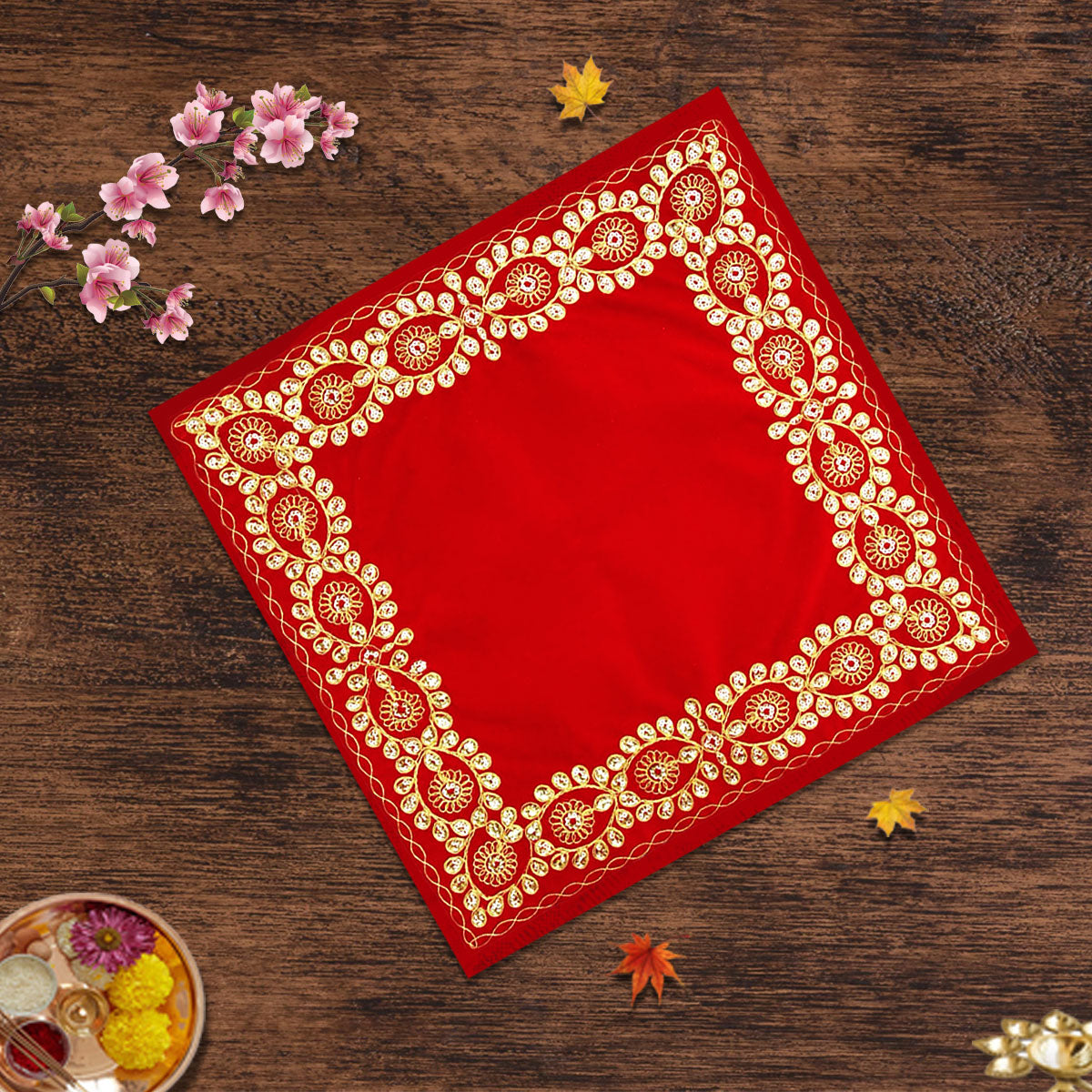 Square Velvet Golden Designer Pooja Aasan 15" for Chowki Pooja Ghar