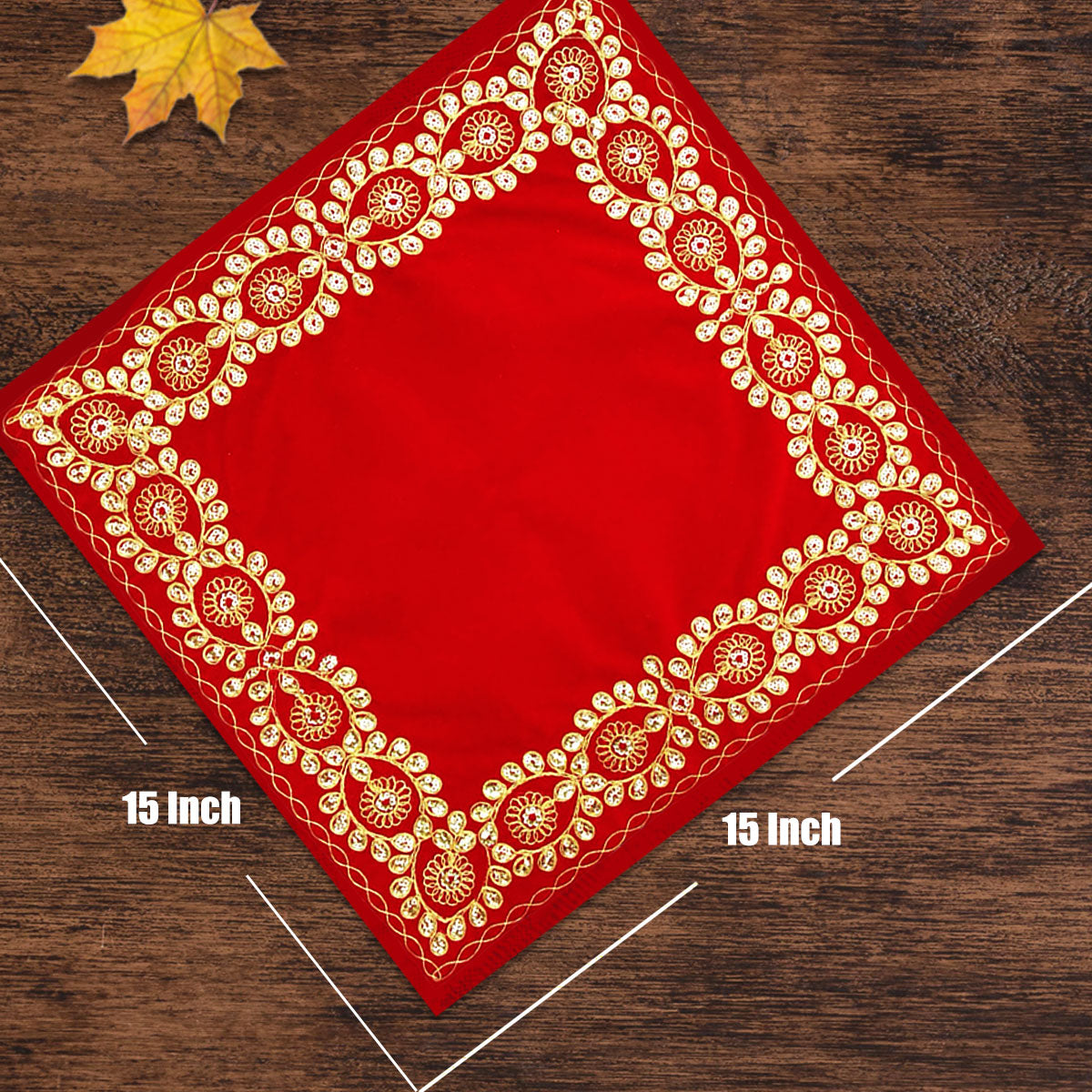 Square Velvet Golden Designer Pooja Aasan 15" for Chowki Pooja Ghar