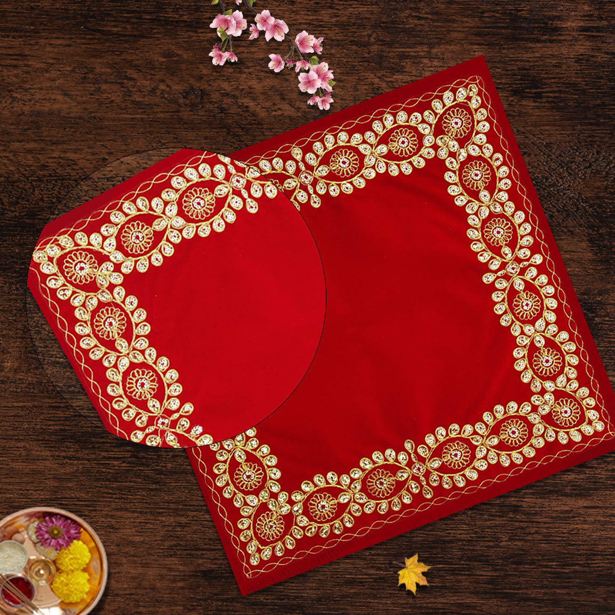 Square Velvet Golden Designer Pooja Aasan 15" for Chowki Pooja Ghar